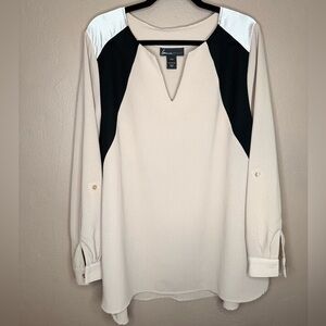 Lane Bryant Beige Blouse with Champagne Metallic Color Block Detail Size 14/16